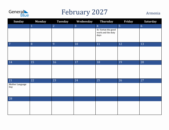 February 2027 Armenia Calendar (Sunday Start)