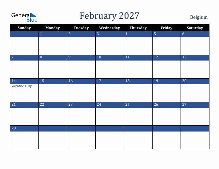 February 2027 Belgium Calendar (Sunday Start)