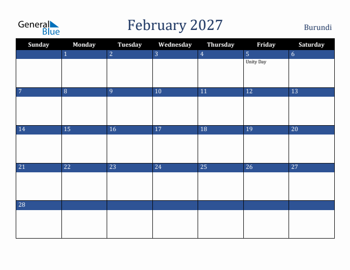 February 2027 Burundi Calendar (Sunday Start)
