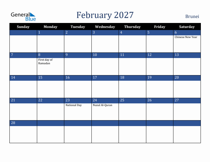 February 2027 Brunei Calendar (Sunday Start)
