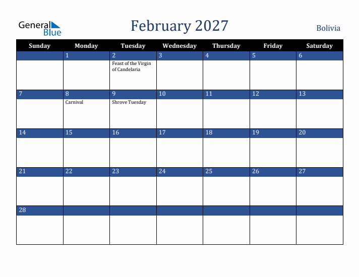 February 2027 Bolivia Calendar (Sunday Start)