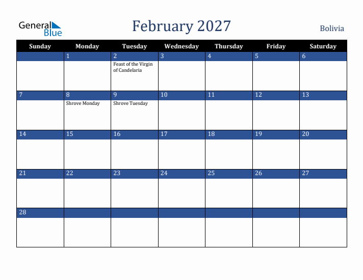 February 2027 Bolivia Calendar (Sunday Start)