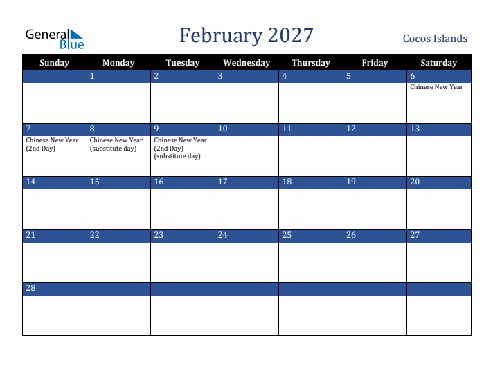 February 2027 Cocos Islands Calendar (Sunday Start)