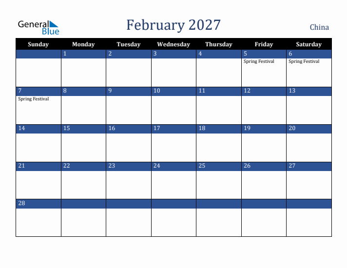 February 2027 China Calendar (Sunday Start)