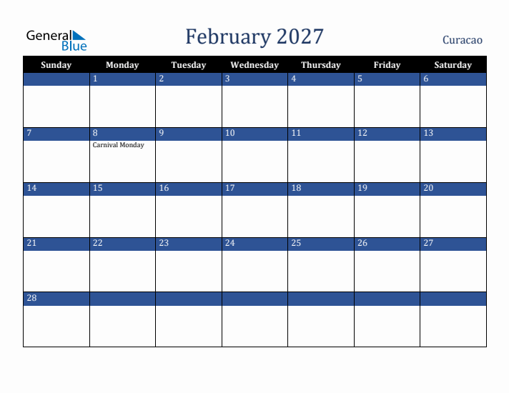February 2027 Curacao Calendar (Sunday Start)