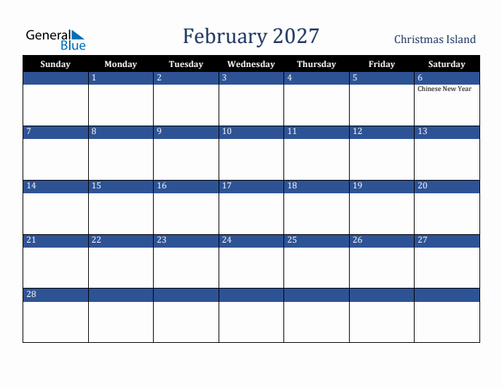 February 2027 Christmas Island Calendar (Sunday Start)