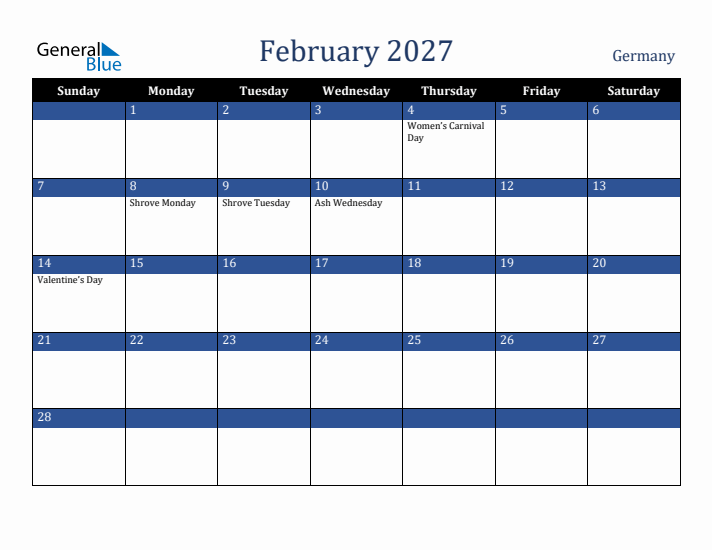 February 2027 Germany Calendar (Sunday Start)