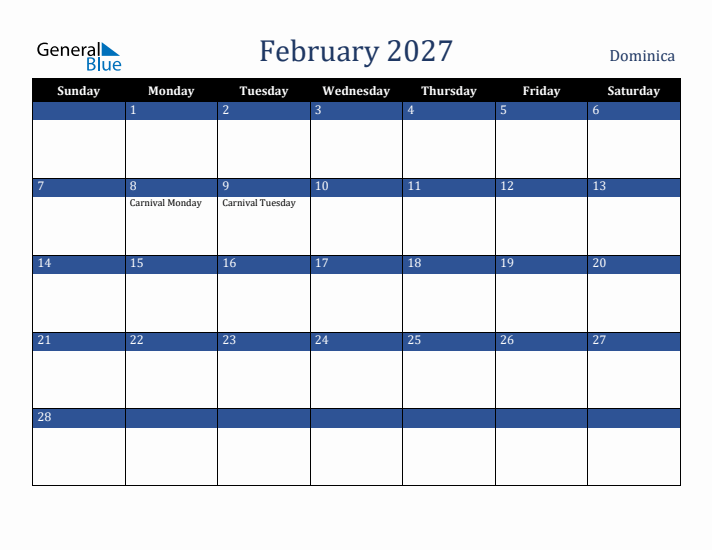 February 2027 Dominica Calendar (Sunday Start)