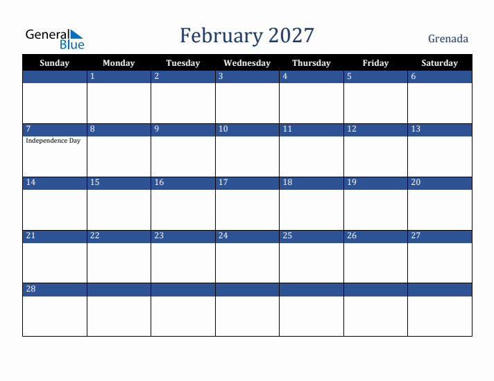 February 2027 Grenada Calendar (Sunday Start)
