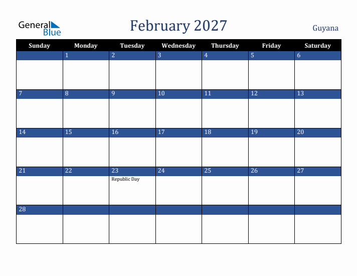 February 2027 Guyana Calendar (Sunday Start)