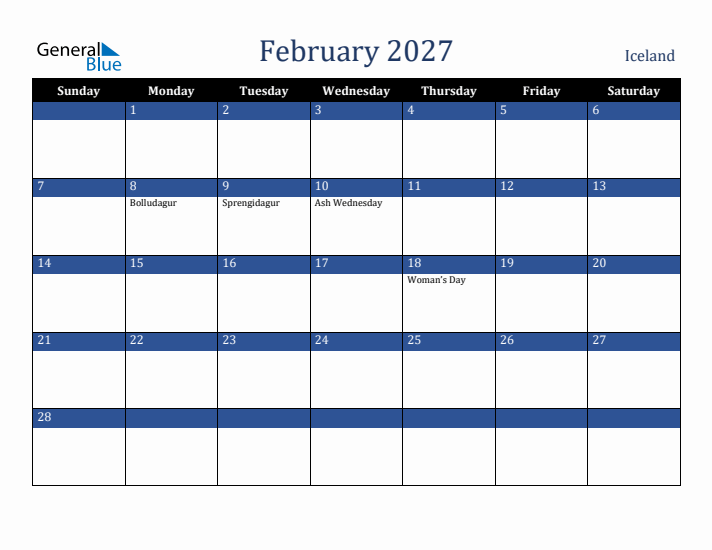 February 2027 Iceland Calendar (Sunday Start)