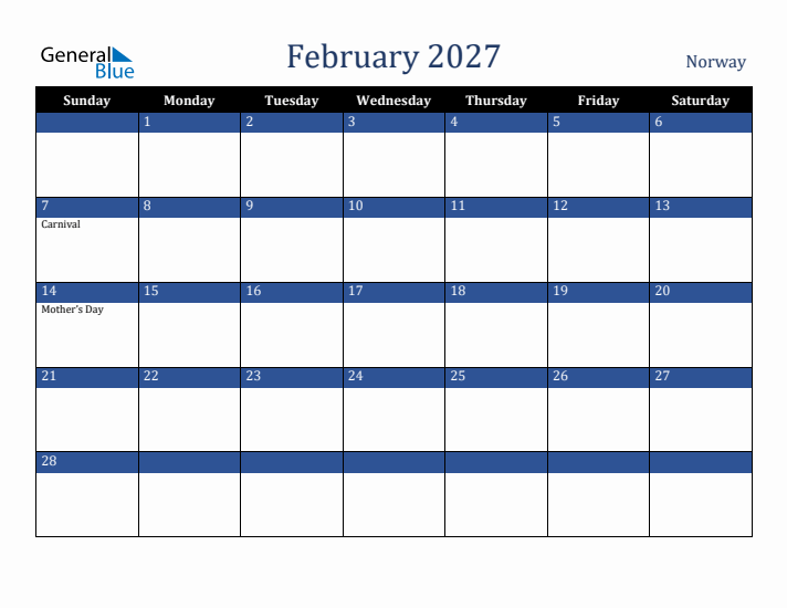 February 2027 Norway Calendar (Sunday Start)