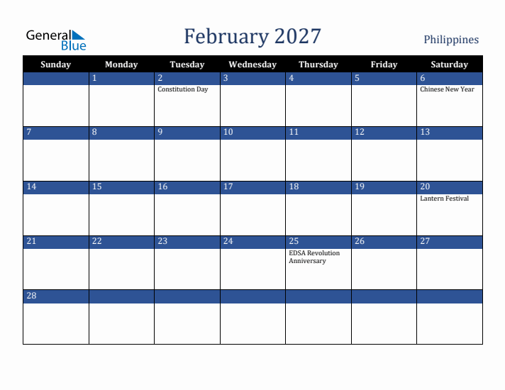 February 2027 Philippines Calendar (Sunday Start)