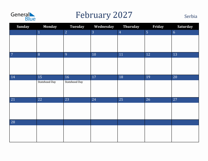 February 2027 Serbia Calendar (Sunday Start)