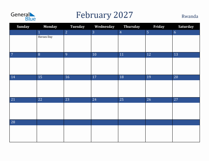 February 2027 Rwanda Calendar (Sunday Start)