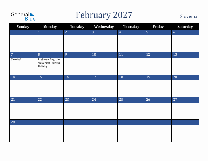 February 2027 Slovenia Calendar (Sunday Start)