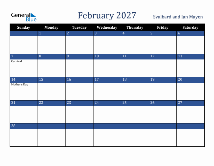 February 2027 Svalbard and Jan Mayen Calendar (Sunday Start)
