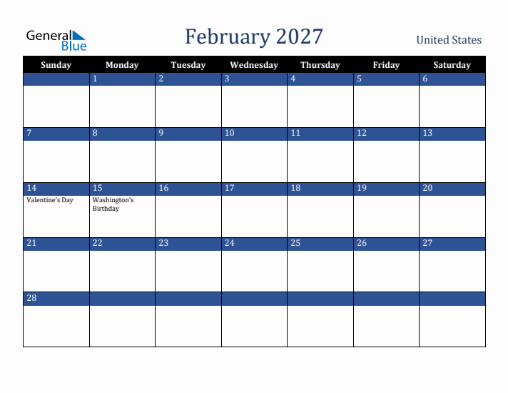February 2027 United States Calendar (Sunday Start)