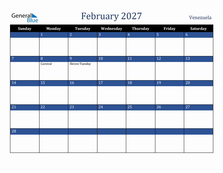 February 2027 Venezuela Calendar (Sunday Start)
