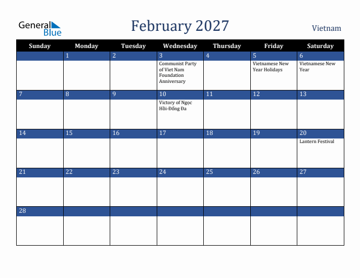 February 2027 Vietnam Calendar (Sunday Start)