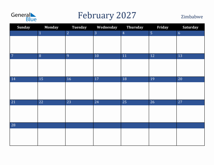 February 2027 Zimbabwe Calendar (Sunday Start)