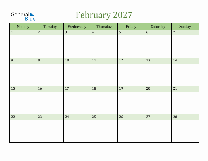 February 2027 Calendar with Monday Start