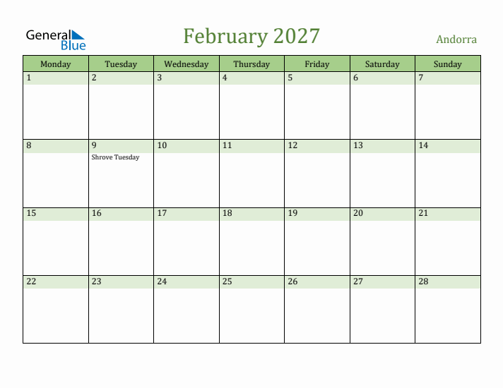 February 2027 Calendar with Andorra Holidays