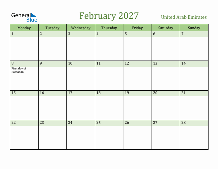 February 2027 Calendar with United Arab Emirates Holidays