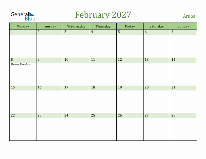 February 2027 Calendar with Aruba Holidays