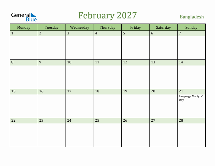 February 2027 Calendar with Bangladesh Holidays