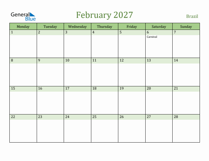 February 2027 Calendar with Brazil Holidays
