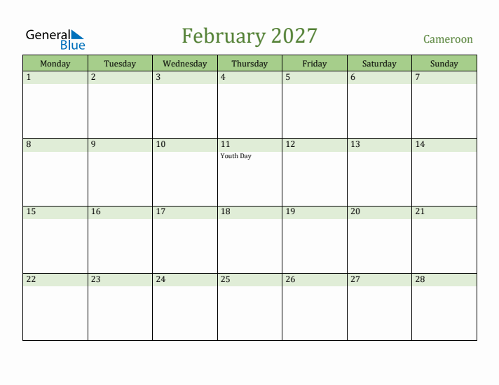February 2027 Calendar with Cameroon Holidays