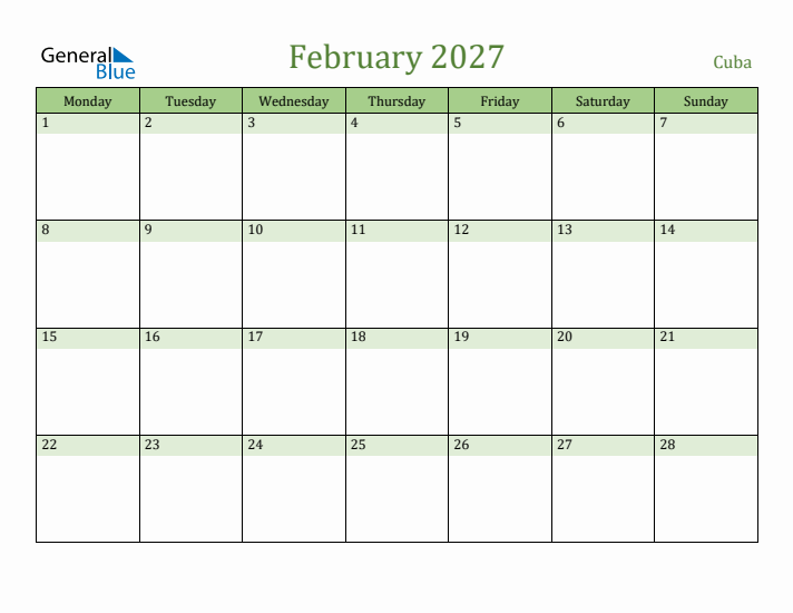 February 2027 Calendar with Cuba Holidays