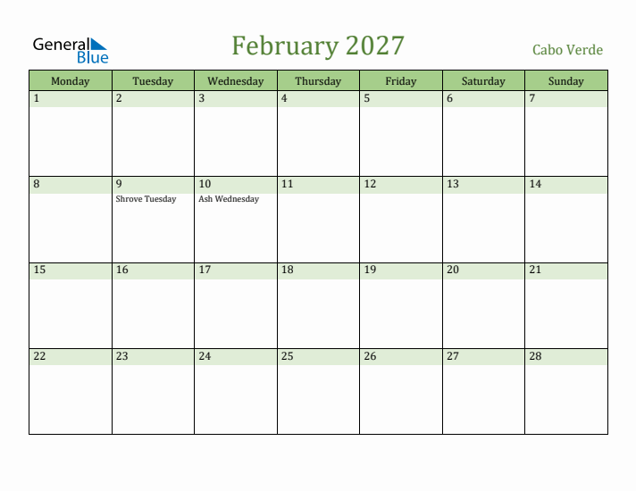 February 2027 Calendar with Cabo Verde Holidays