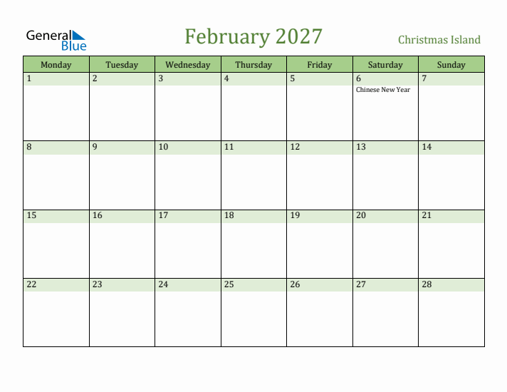 February 2027 Calendar with Christmas Island Holidays