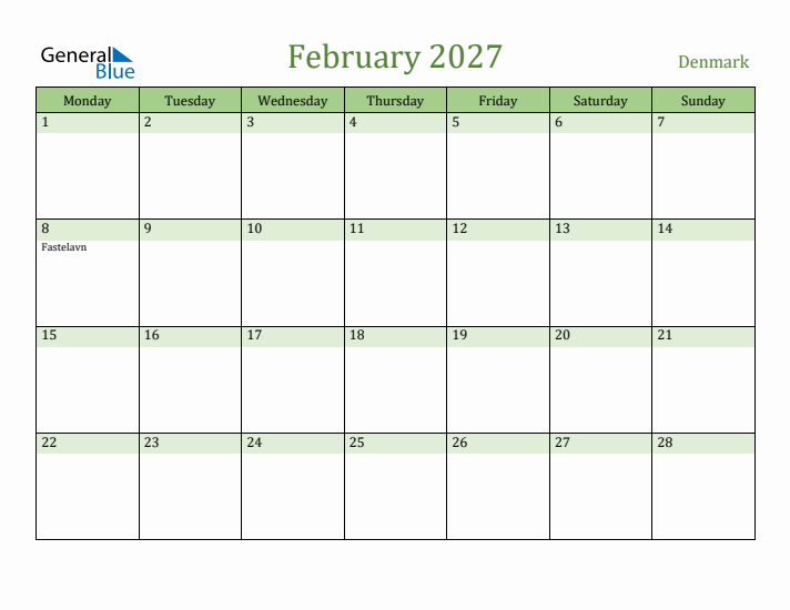 February 2027 Calendar with Denmark Holidays