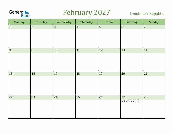 February 2027 Calendar with Dominican Republic Holidays