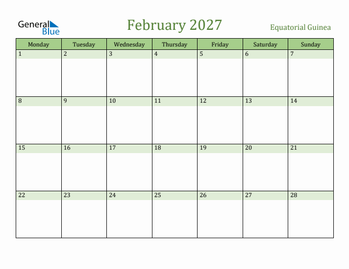 February 2027 Calendar with Equatorial Guinea Holidays