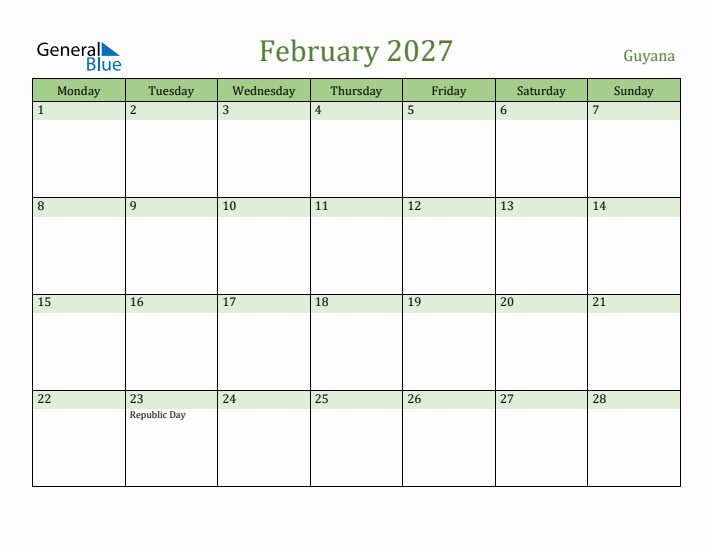 February 2027 Calendar with Guyana Holidays