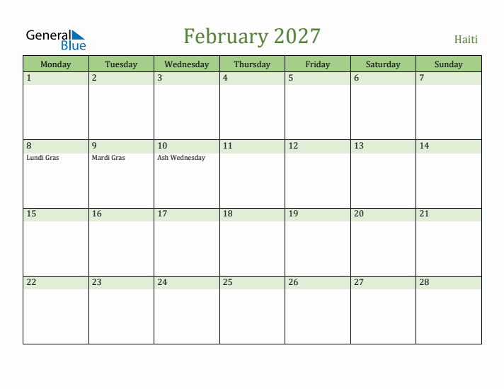 February 2027 Calendar with Haiti Holidays