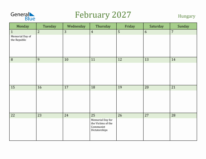 February 2027 Calendar with Hungary Holidays