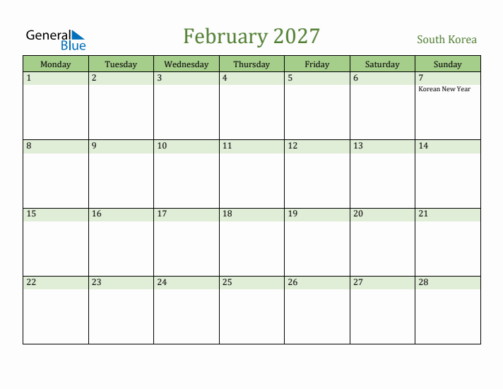 February 2027 Calendar with South Korea Holidays