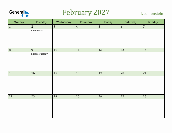 February 2027 Calendar with Liechtenstein Holidays