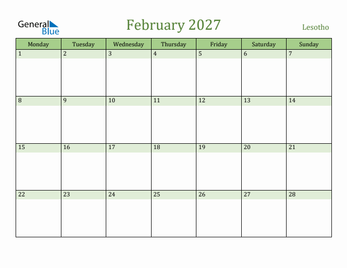 February 2027 Calendar with Lesotho Holidays
