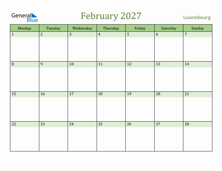February 2027 Calendar with Luxembourg Holidays