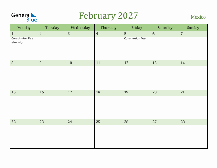 February 2027 Calendar with Mexico Holidays