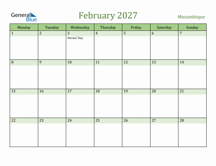 February 2027 Calendar with Mozambique Holidays