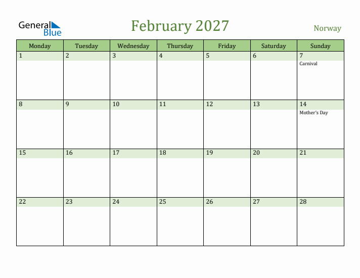 February 2027 Calendar with Norway Holidays