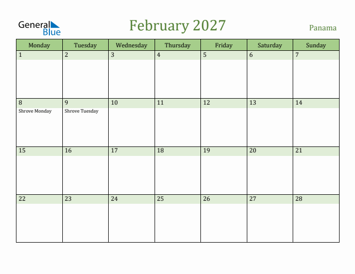 February 2027 Calendar with Panama Holidays