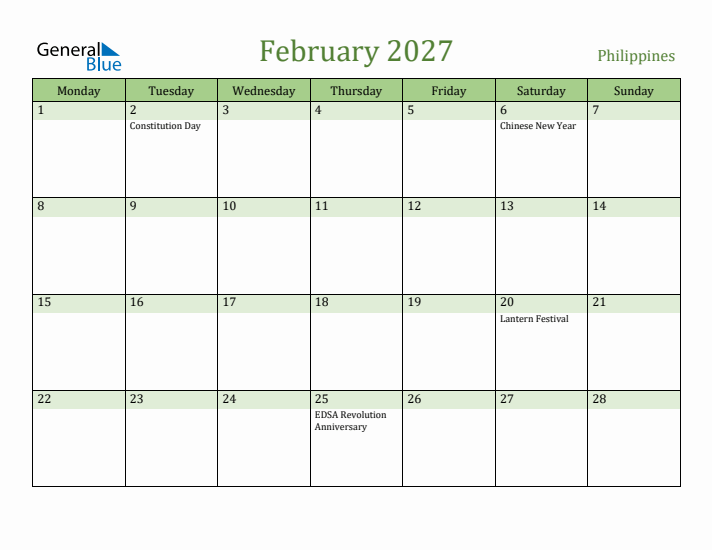 February 2027 Calendar with Philippines Holidays